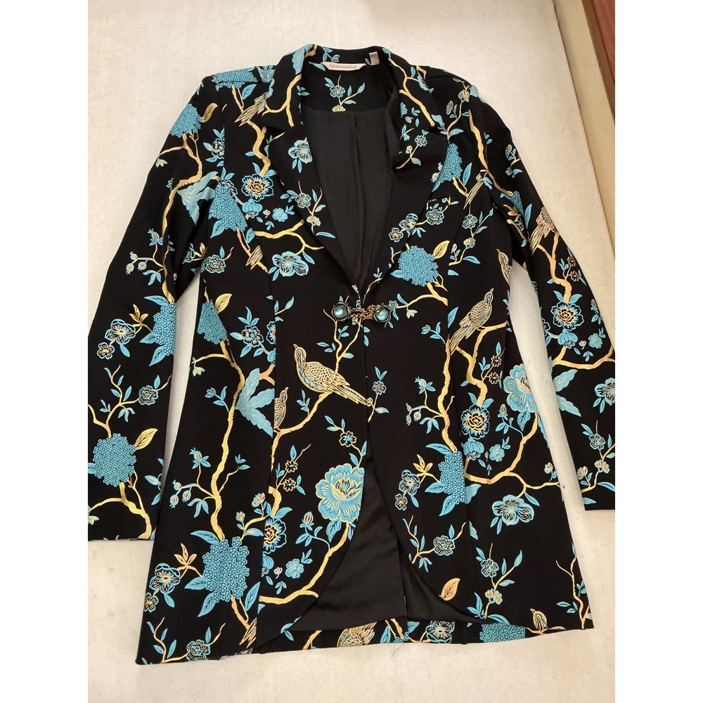 Soft Surroundings Black Turquoise Floral Bird Print Blazer Jacket Cabochon Small